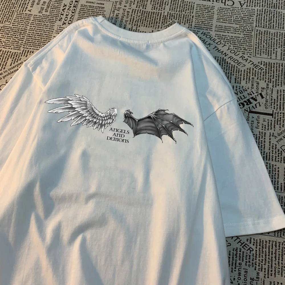 Angels And Demons Wings Print T-Shirt Men Summer Breathable T Shirts Cotton Comfortable Soft Short Sleeve Street Hip Hop Clothes