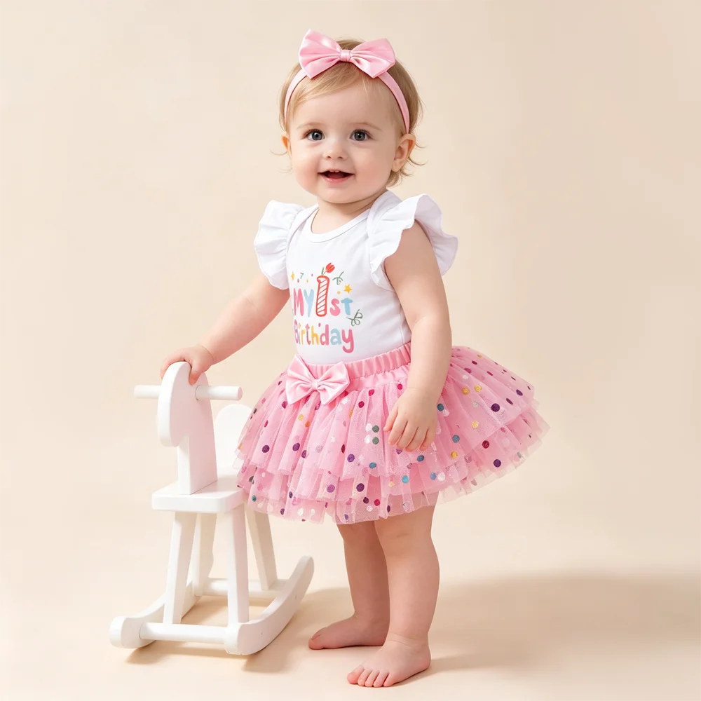 Baby Girl 1st Birthday Outfit Set Ruffle Romper Polka Dot Tulle Skirt Bow Headband Toddler Girls Party Clothes For Birthday Phot
