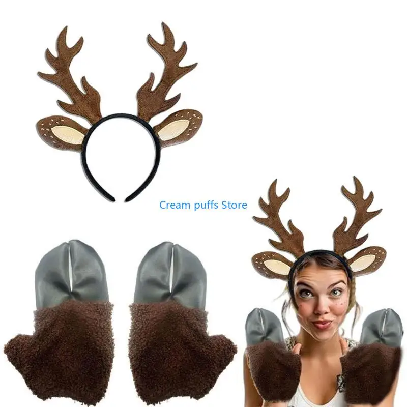 50LE Antlers Reindeer Headband Tail Face Sticker Vest Reindeer Costume for Halloween