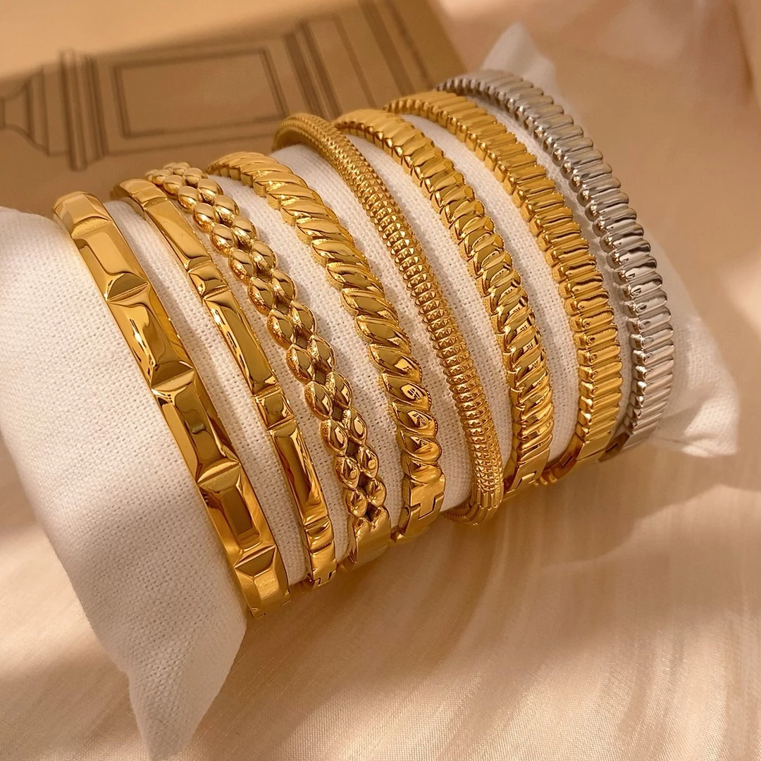 Neue Mode vergoldet minimalistische stapelbare Armreif Produkte Textur geometrische Edelstahl Armband für Frauen Mädchen Geschenk – Detail 5