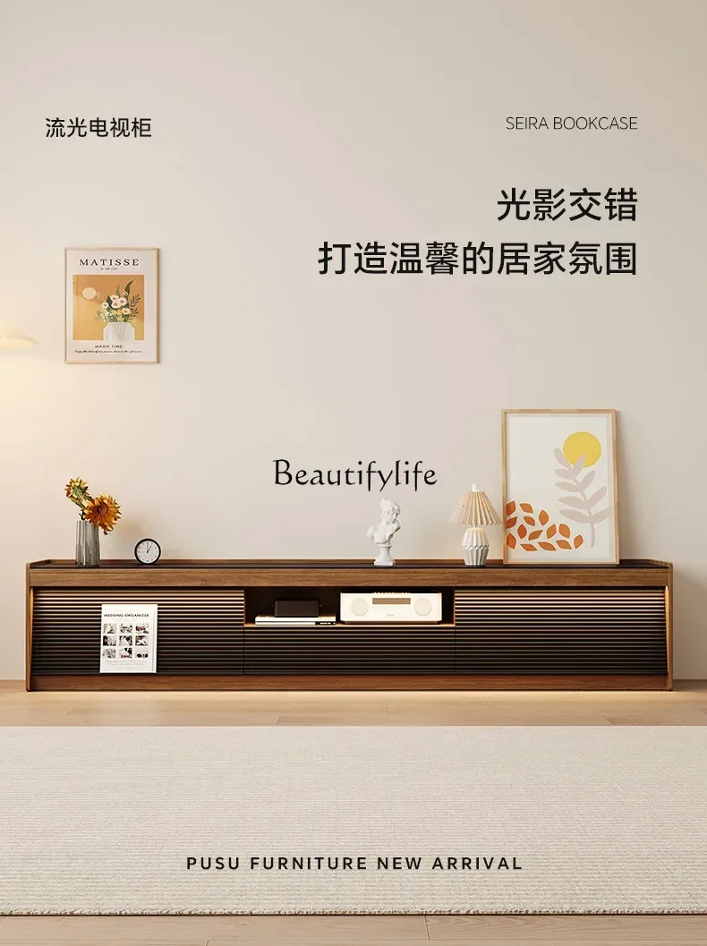 TV cabinet floor solid wood walnut coffee table combination high-grade rock slab TV floor cabinet