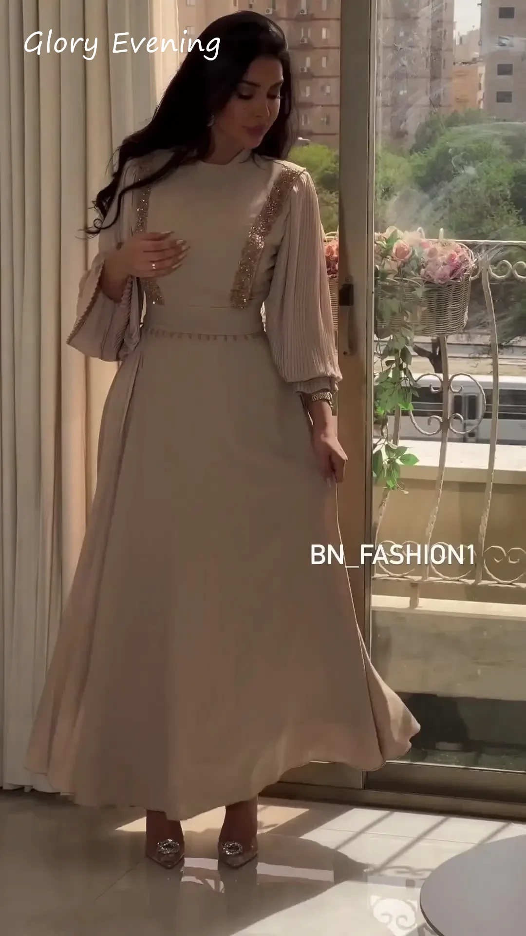 Fashion Evening Dresses 2024 Ankle Length O-neck Prom Dresses Long Sleeves Beaded Chiffon Formal Occasion Dresses Saudi Arabia