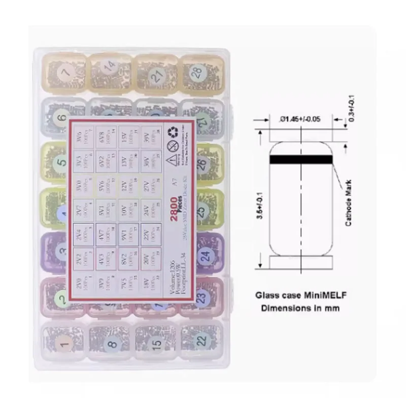 2800PCS LL34 1206 0.5W 2V-39V Zener Tube Pack LL34 Chip Regulator Diode Set 28value*100pcs