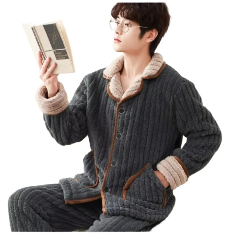 New Pajamas Men's Autumn and Winter Thick Plush Flannel Loungewear Oversized Loose Fitting Homewear Warmth Two Piece Sleepwear