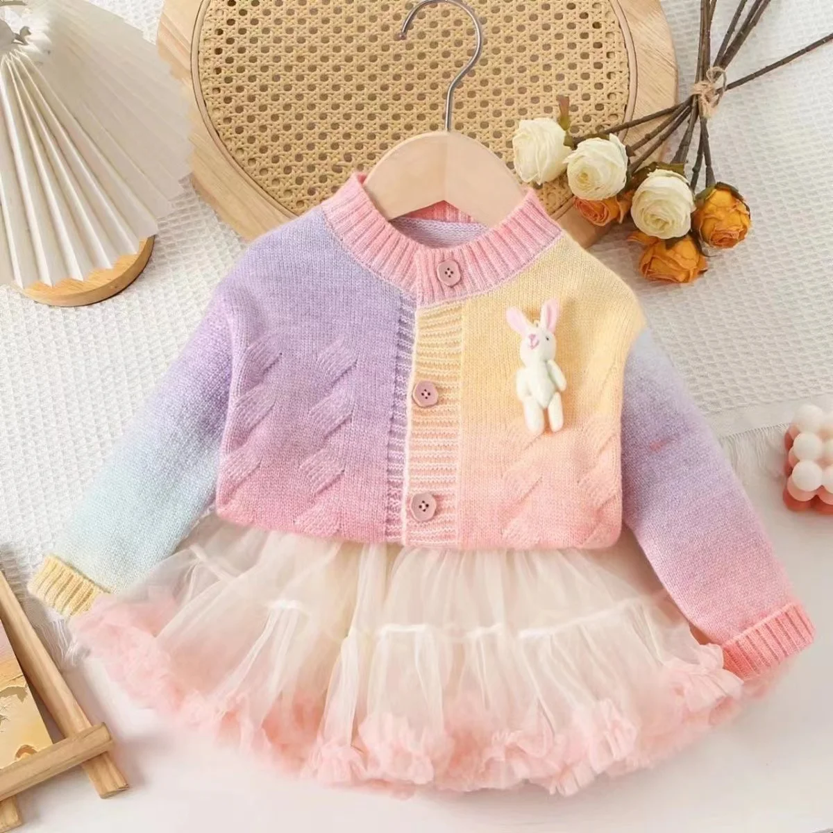 Spring and Autumn Two Piece Girl Treasure Tutu Fluffy Skirt Girl's Set Knitted Cardigan Fashionable Princess Rainbow Sweater