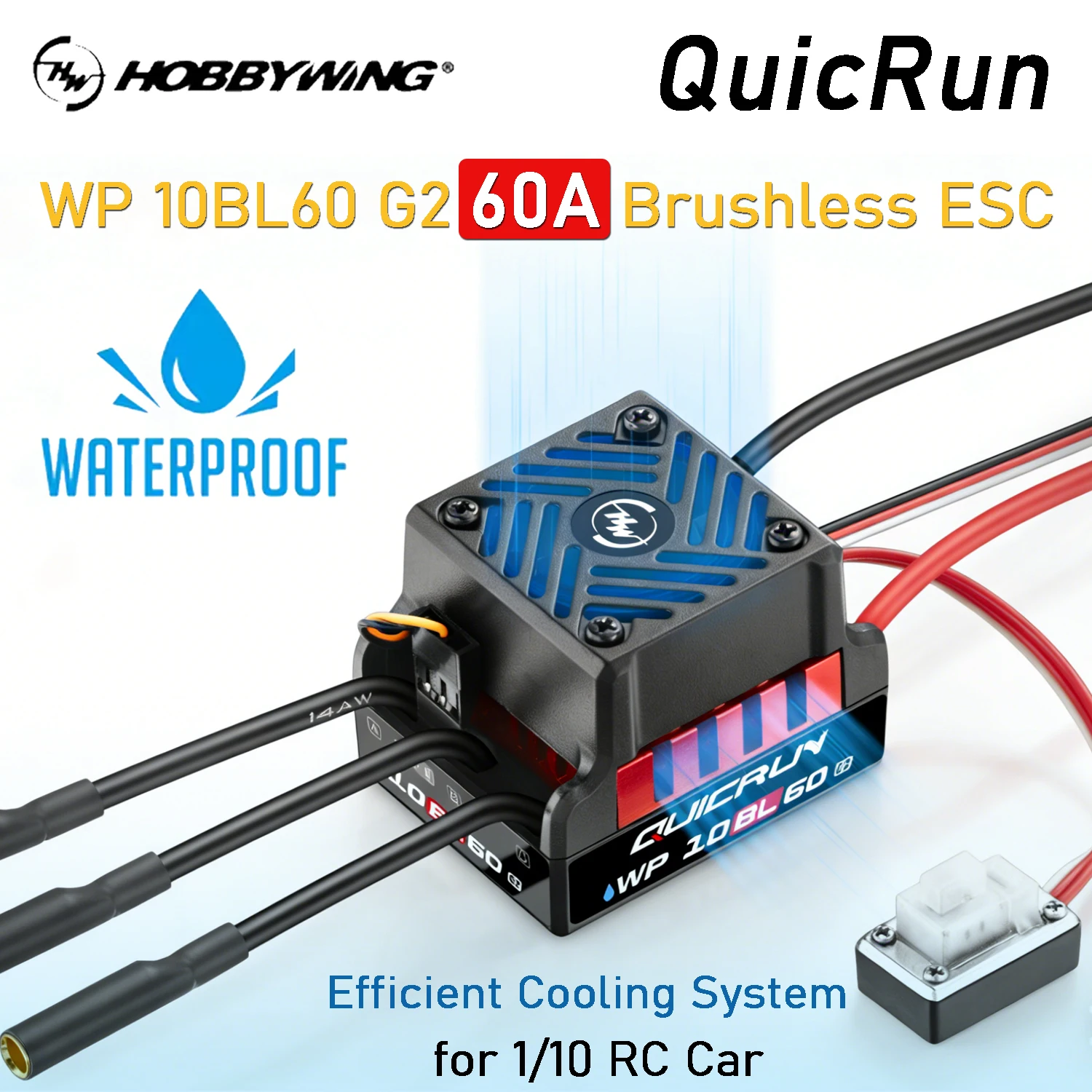 

HobbyWing QuicRun WP-10BL60 G2 60A 2-3S Waterproof Sensorless Brushless ESC for 1/10 Car Buggy Truck Monster Truggy Rock Crawler