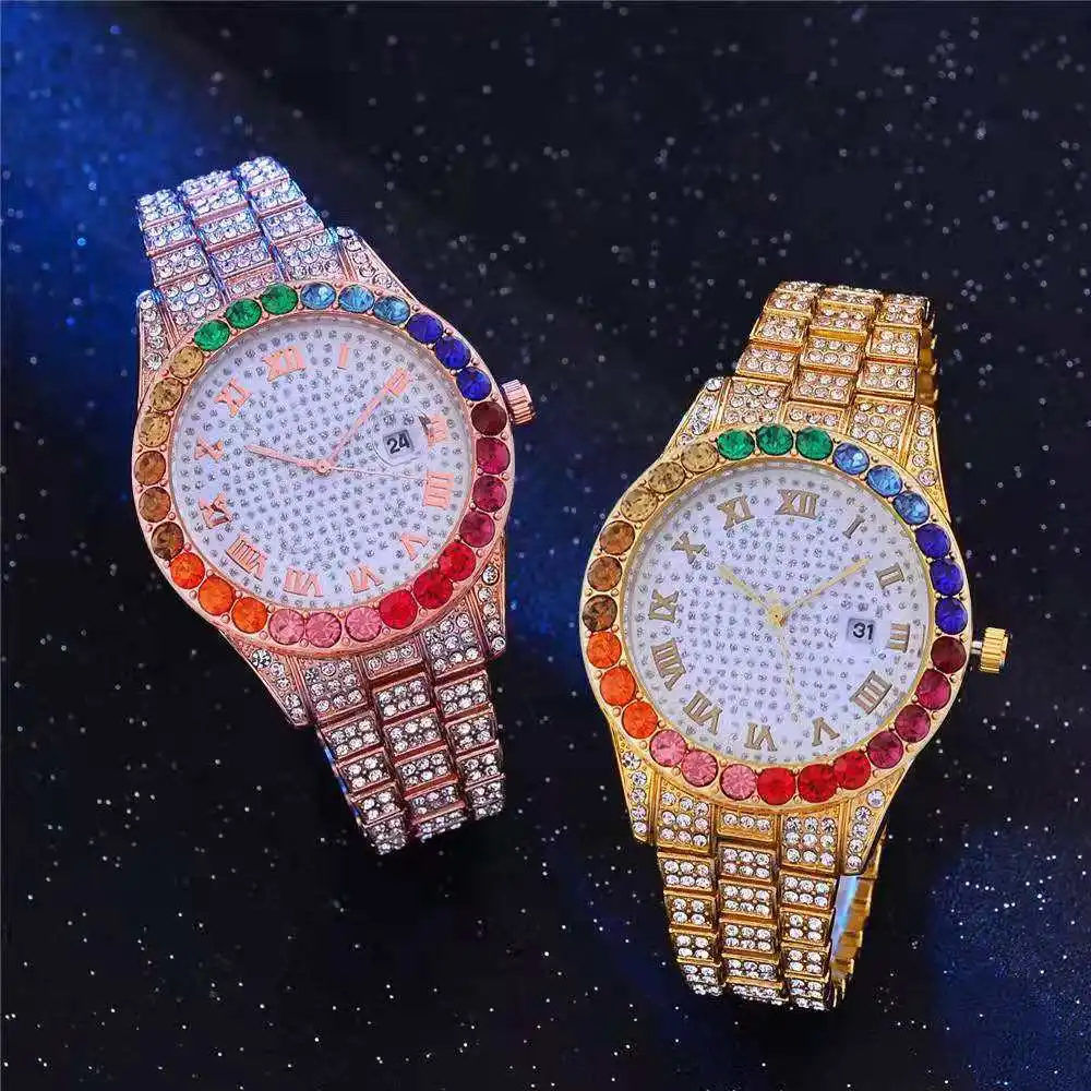 Iced Out Watch for Women Luxury Colourful Women Gold Watch Fashion Diamond Crystal Bling Bling Hip Hop Watch Relojes Para Mujer