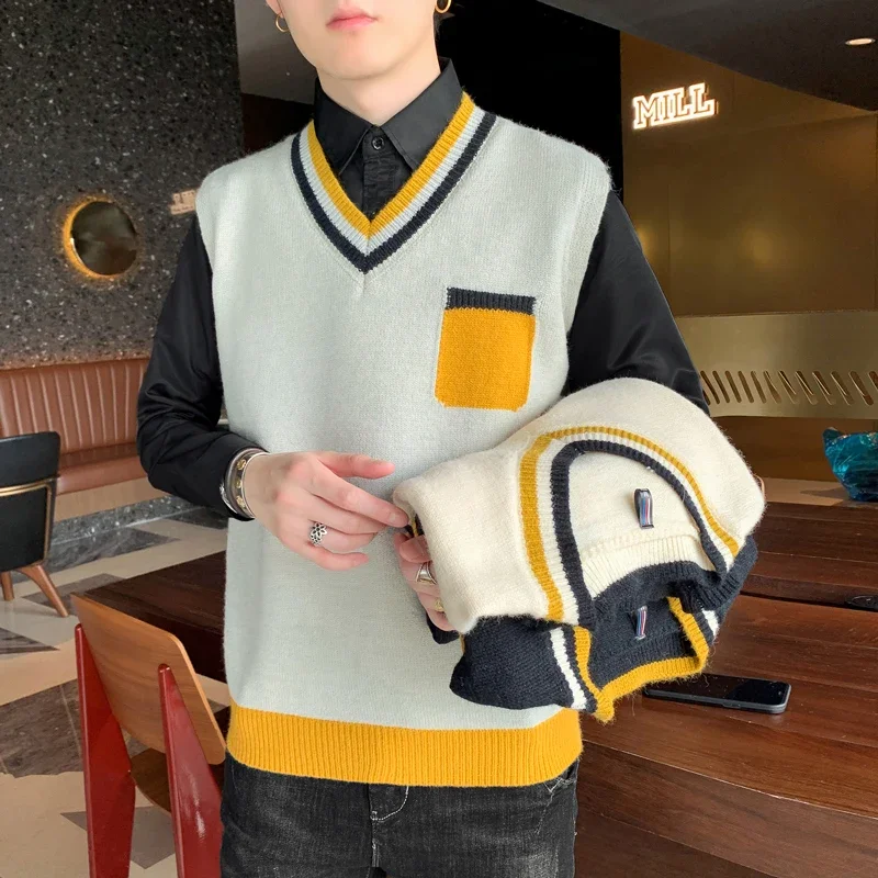 

Loose V-Neck Pullover Knitwear Men Solid Plain Slim Sweatshirts Tops Vest Waistcoat Soft Knit Striped Vintage Sleeveless Sweater