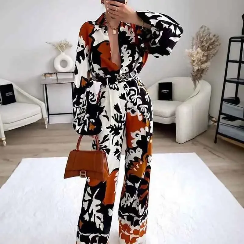 Fashions Printed Two Piece Set Women 2023 Autumn New Pant Sets Lapel Long Sleeve Shirts High Waist Wide Leg Pants Suits Casual