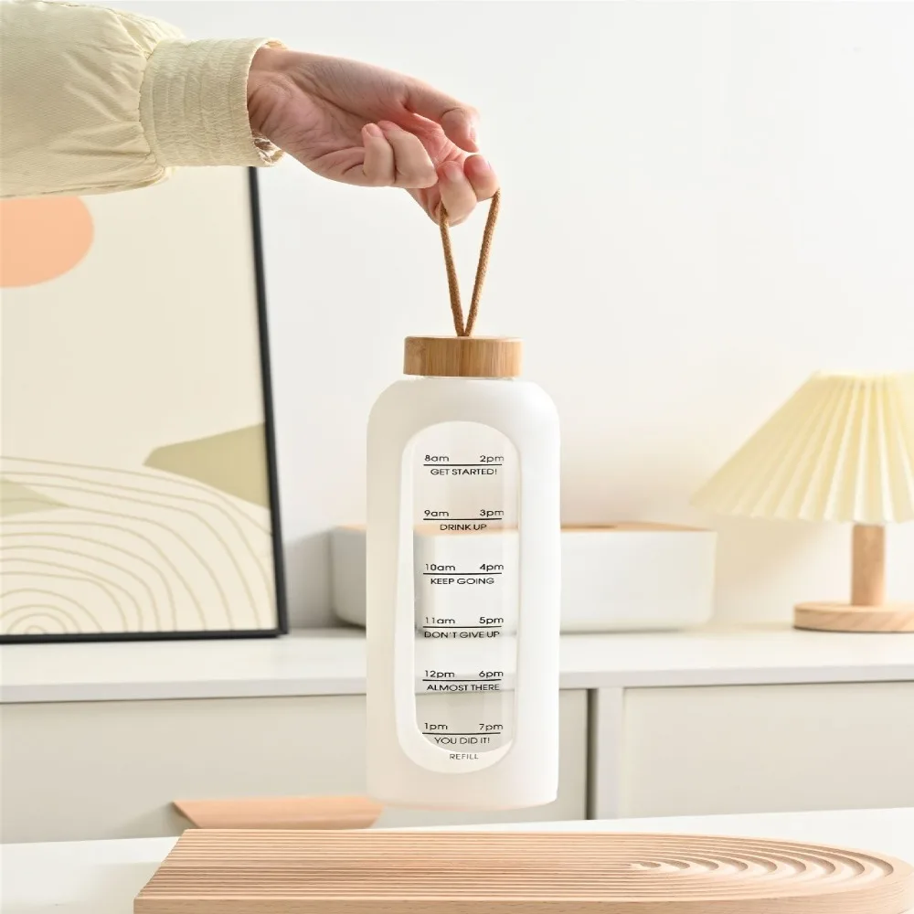 Portable Time-marked Glass Water Bottles Bamboo Lid Free of Lead Drink Bottle Sport Silicone Sleeve Sports Water Cup