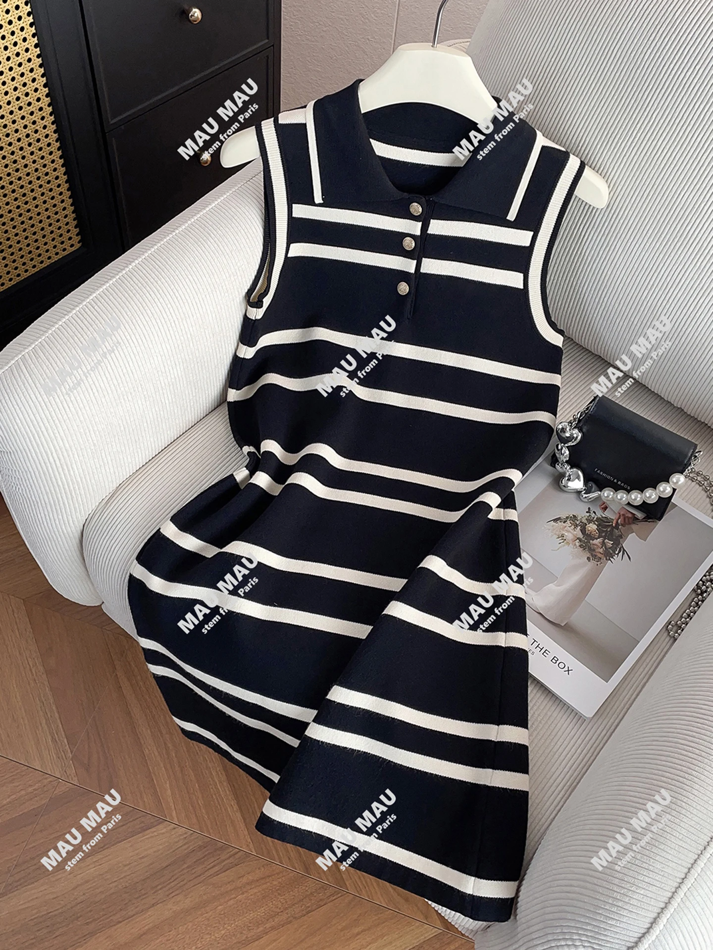 High-End Summer  Ne Knitted Dr Striped College Sle Svel Women's Faion Commute High Waist A-Line Dr