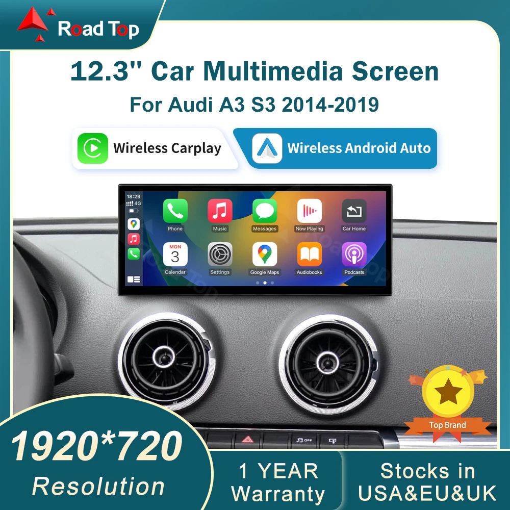 12.3 RoadTop Wireless CarPlay For Audi A3 S3 B9 MIB MIB2 2014-2019 Multimedia Linux Screen Android Auto Airplay Autolink