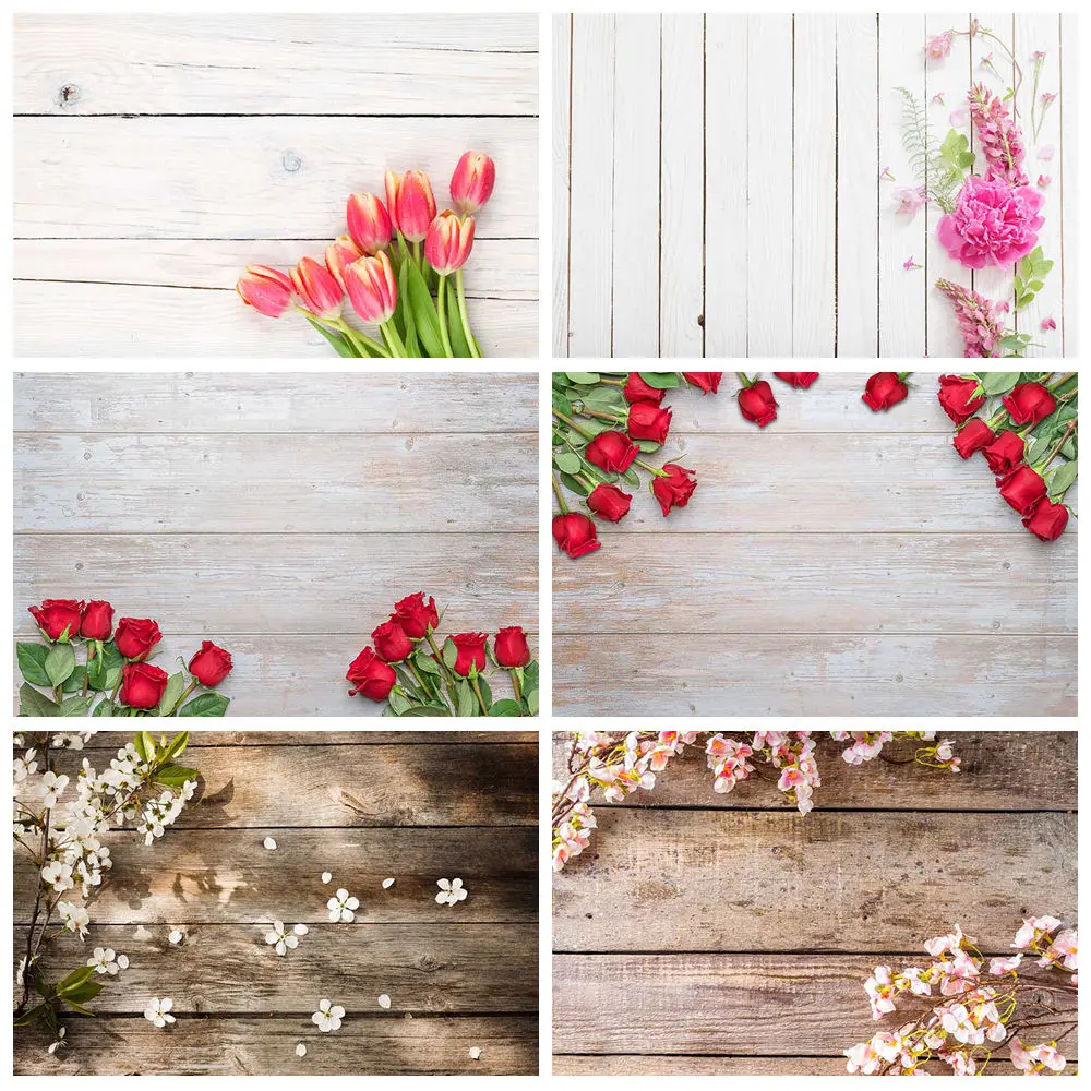 

MOON.QG Spring Flower Wood Backdrop Wooden Boards Photo Backgrounds for Food Subject Product Photography Floral Photoshoot Props