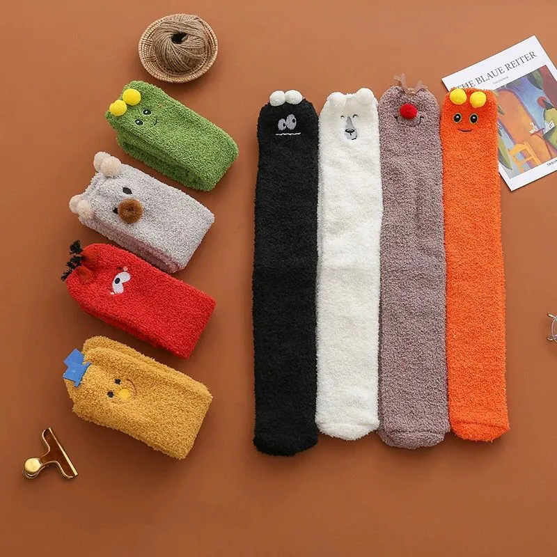 Winter Coral Fleece Calf Socks Thickened Solid Color Mid-tube Warm Confinement Floor Socks Autumn and Winter Knee Socks