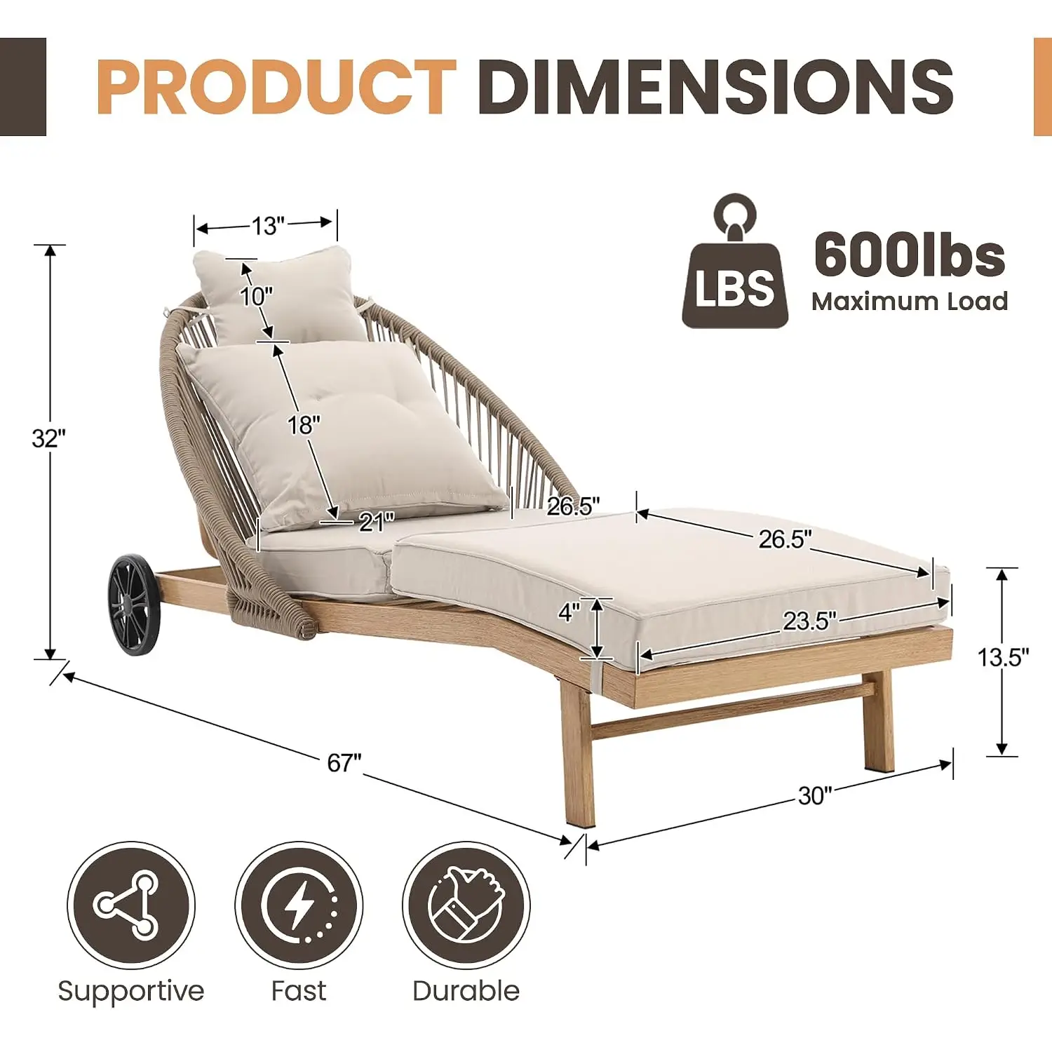 Outdoor Wicker Chaise Lounge, All Weather Pool Recliner with Wheels for Patio Deck Sunbathing, Khaki, Customized