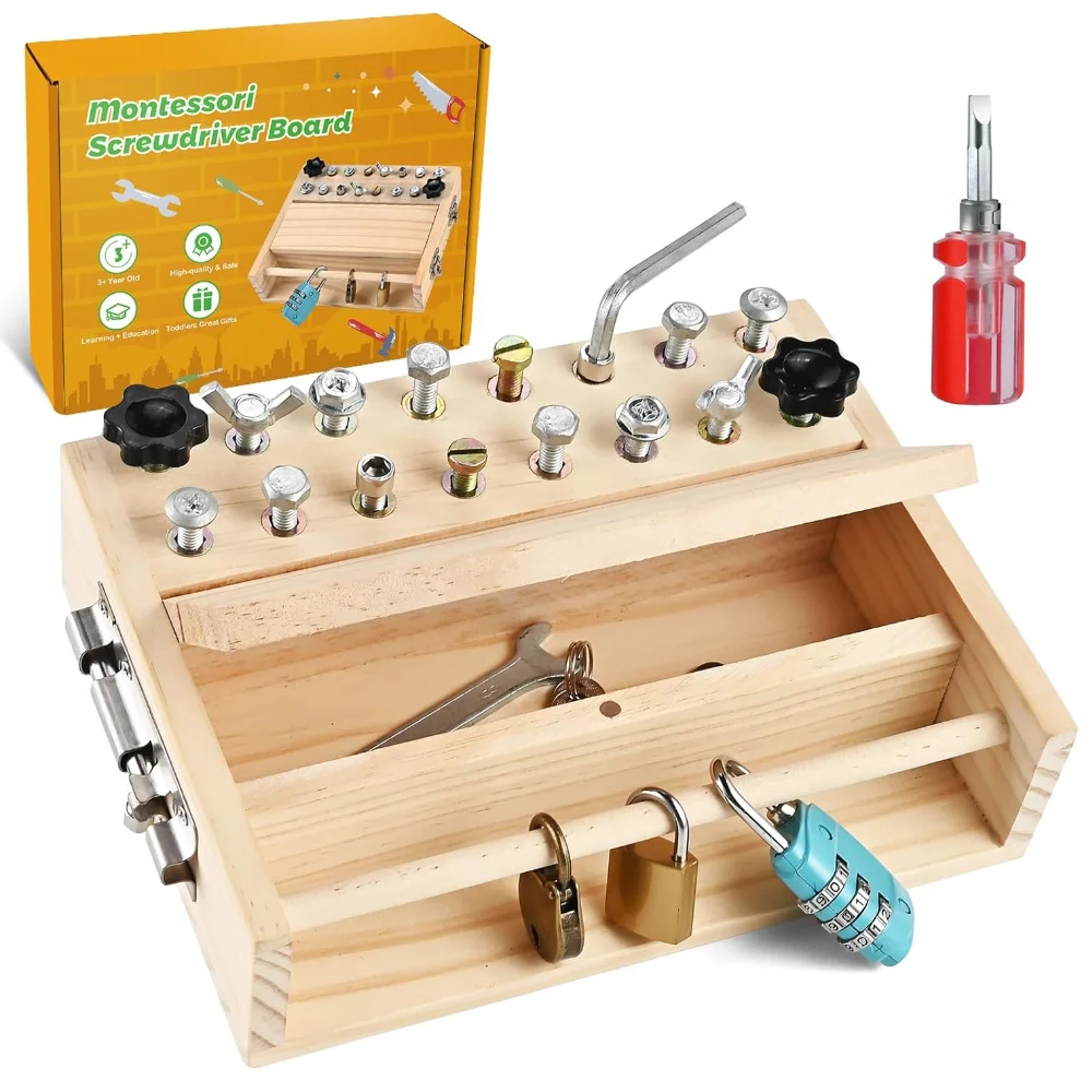 

Montessori Screwdriver Board Set for Kids 3+, Lock & Key Toddler Tool Gift, Preschool Sensory Fine Motor Skills Learning Toy