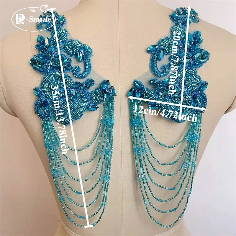 1Pair.35X12cm.Sparkling Evening Dress Decoration DIY Patches Shoulder.Hand Sewing Tassel Glass Diamond Appliques for Clothing