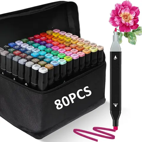 Tyrixma 80 Colors Dual Tip Artist Alcohol Markers Set with Carrying Case - Perfect for Coloring, Drawing, Sketching, Card Making and Illustration - Perfect for Adults .