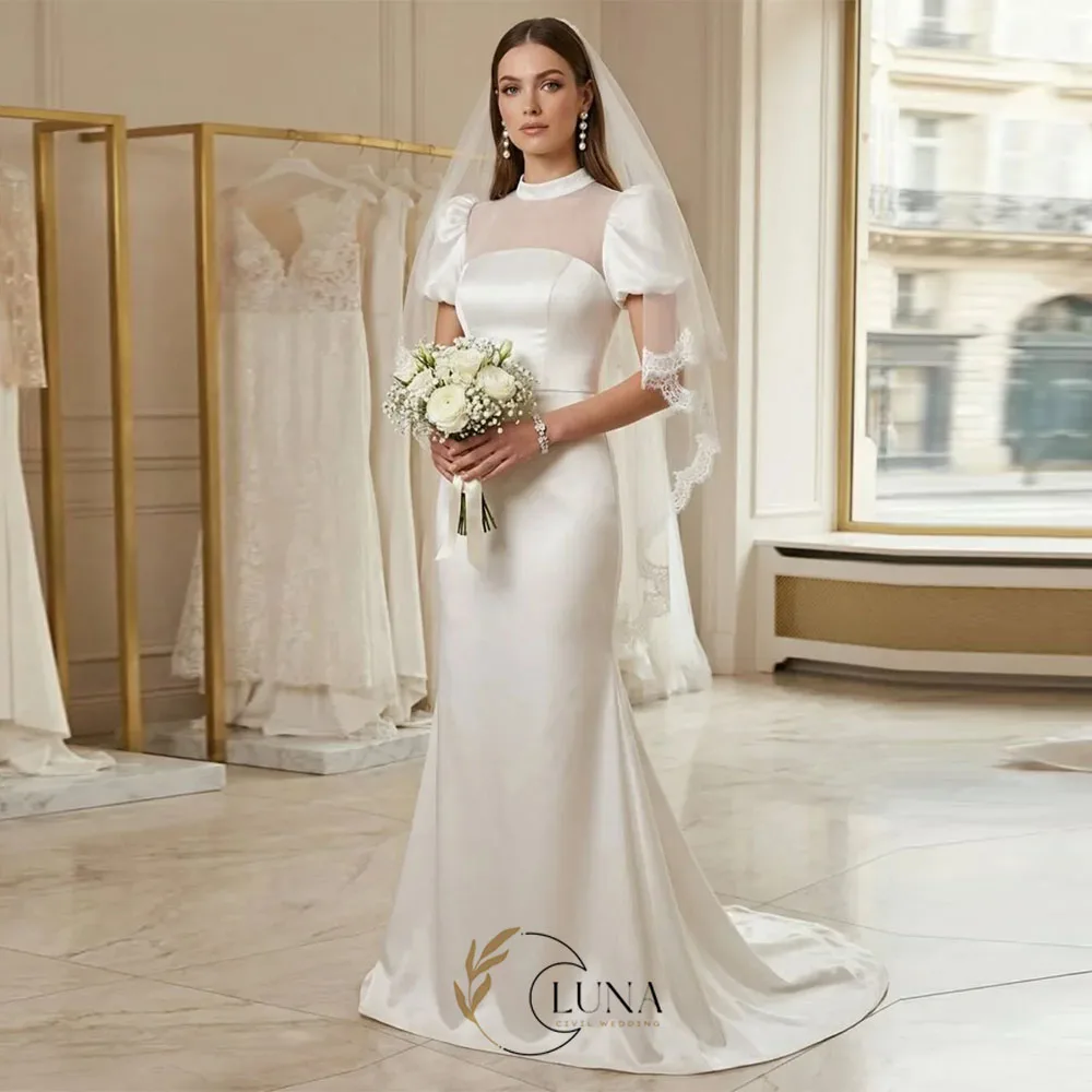 Luna Customized Korean Stain Wedding Dresses Puff Sleeves Semi-Mermaid Bride Party Gown Floor-Length Bridal Reception Gowns