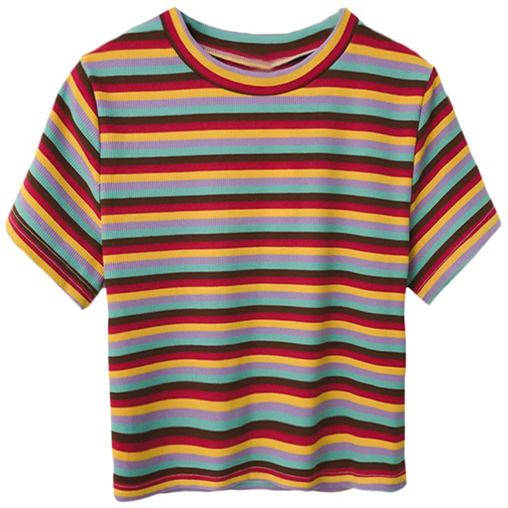 Sommer Kontrast-Streifen-T-Shirt für Damen Locker Sitzend Kurzarm Lässiger Vintage-Stil Top mit Leichter Elastizität für Tägliches Tragen
