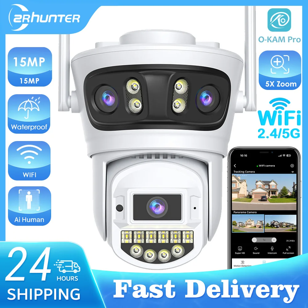 15MP PTZ IP Camera Outdoor Wifi Surveillance Camera 5X Digital Zoom Three Screens Security Camera 180° Oversized Viewing Angle