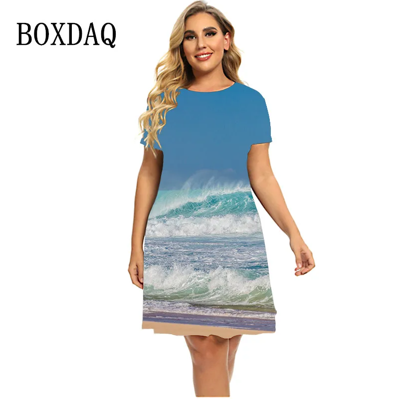 

Water Wave Beach Summer Dresses For 2023 Women Scenery 3D Print Short Sleeve Dress Oversized Fashion O-Neck Casual Mini Sundress