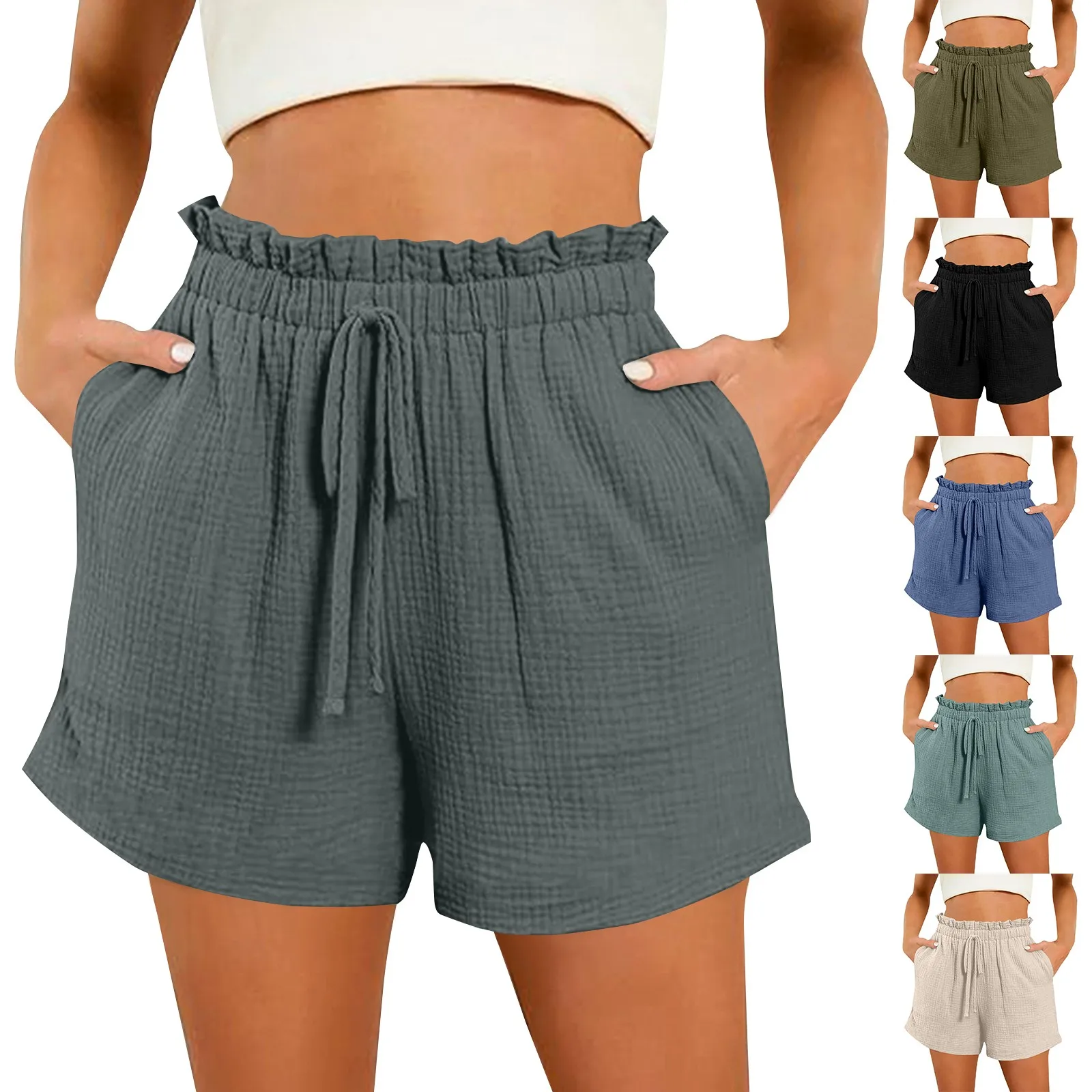 

Cotton Shorts For Woman Summer Casual High Waist Ruffle Elastic Drawstring Waisted Short With 2 Pockets Cute Comfy Outfits