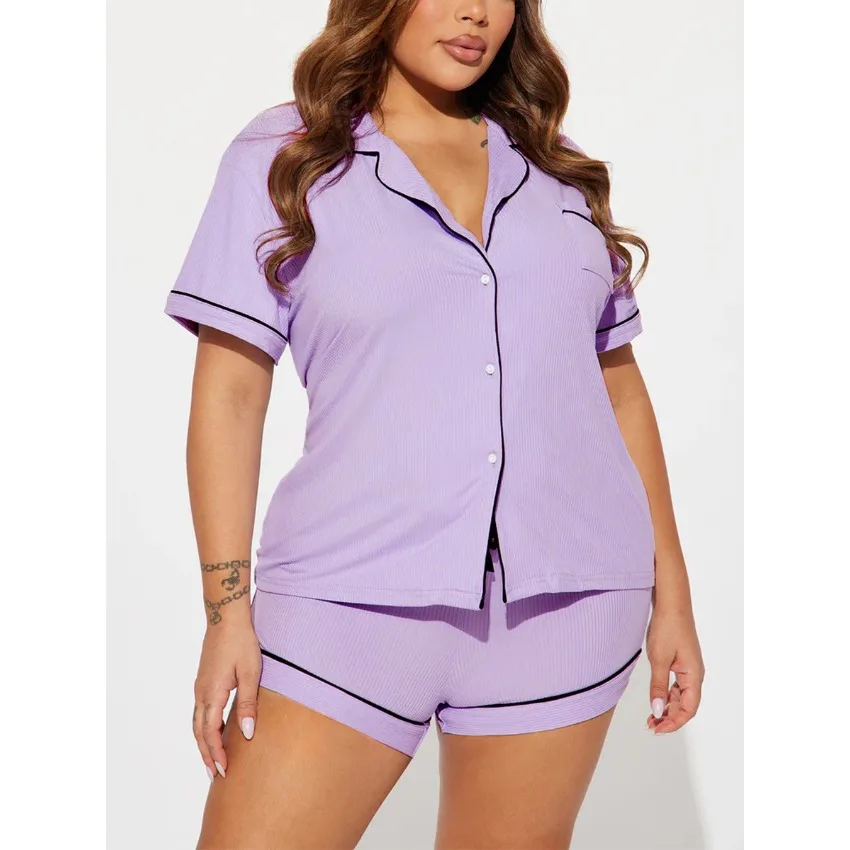 Pajamas For Women's Summer New Sleepwear Lapel Basic Pit Strips Short Sleeve Shorts 2PCS Loungewear Purple Color