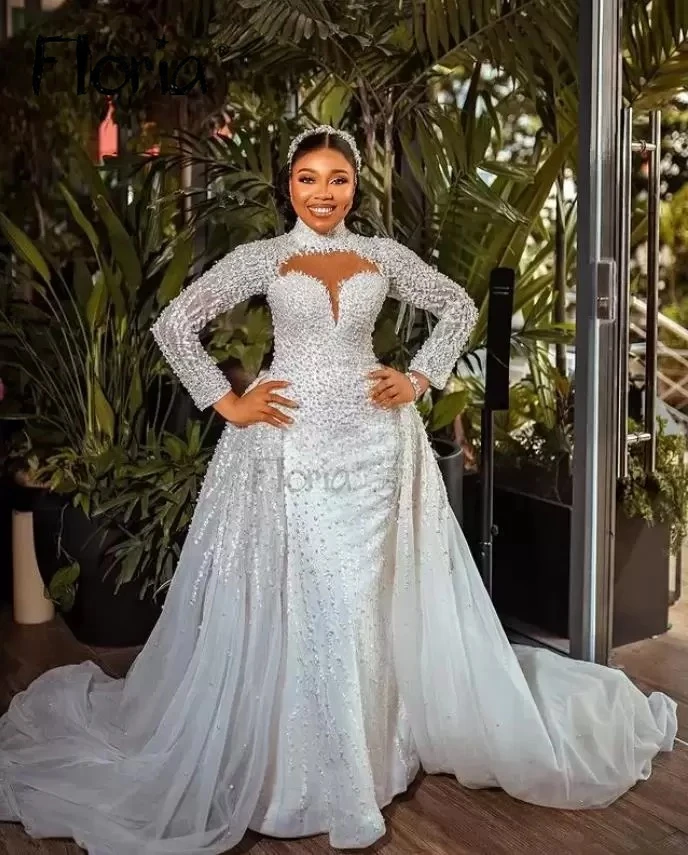 Vestido De novia musulmán De encaje De alta costura, cuello alto, manga larga, tren desmontable, vestidos De novia De talla grande, Vestido De novia hecho a medida