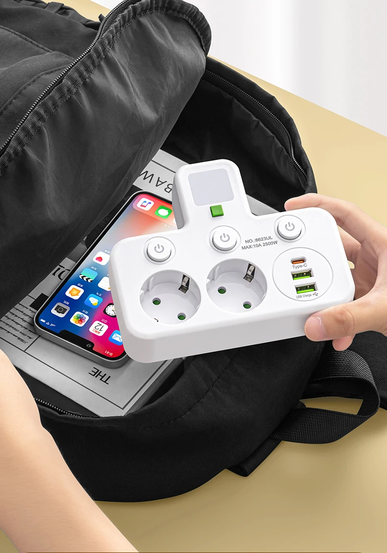 EU-Stecker-Steckdosenleisten. Zwei Spezifikationen mit oder ohne USB-Typ-C-Anschluss. Wandladegerät für das Heimbüro – Detail 14