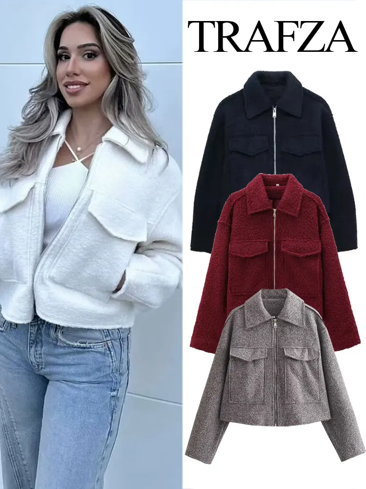 

Женская короткая шерстяная куртка в стиле ретро, с длинным рукавом и карманами, на молнии, с воротником-поло, Y2k, осень 2024