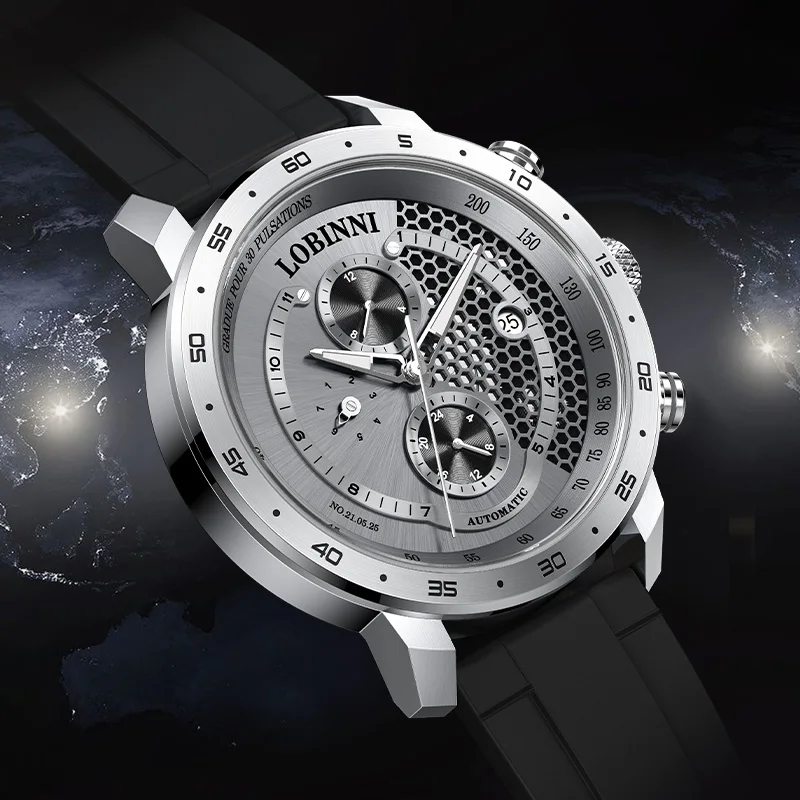 LOBINNI 16063 ساعة ميكانيكية أوتوماتيكية للرجال 42 مللي متر 50 متر مقاوم للماء الياقوت والكريستال والزجاج تاريخ اليوم وعرض الشهر حركة JHB10
