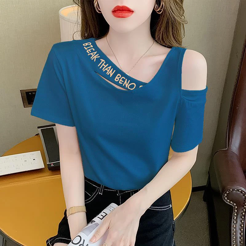 Summer Trend Fashion Letter Printing Hollow Out Diagonal Collar T-shirt Female Short Sleeve Slim Casual Off the Shoulder Tee Top