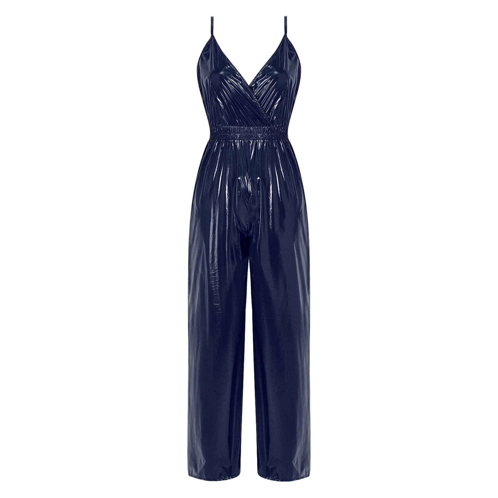 Women Glossy Waterproof Jumpsuit Adjustable Shoulder Strap V-neck Elastic Waist Wide Leg Bodysuit Rave Party Clubwear Streetwear