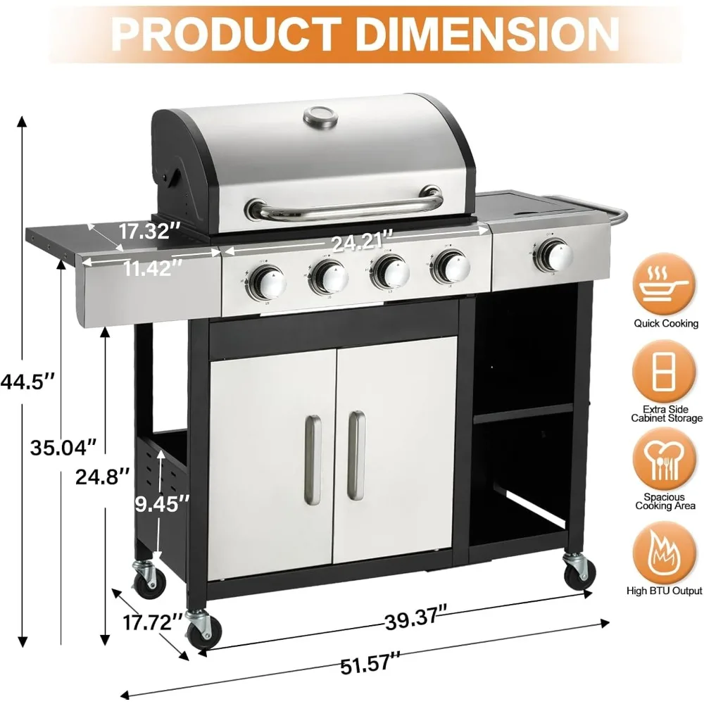 شواية غاز البروبان ذات 4 شعلات من الفولاذ المقاوم للصدأ مع موقد جانبي وخزانة، مخرج 49,000 وحدة حرارية بريطانية، وشبكات من الحديد الزهر المطلي بالخزف #3