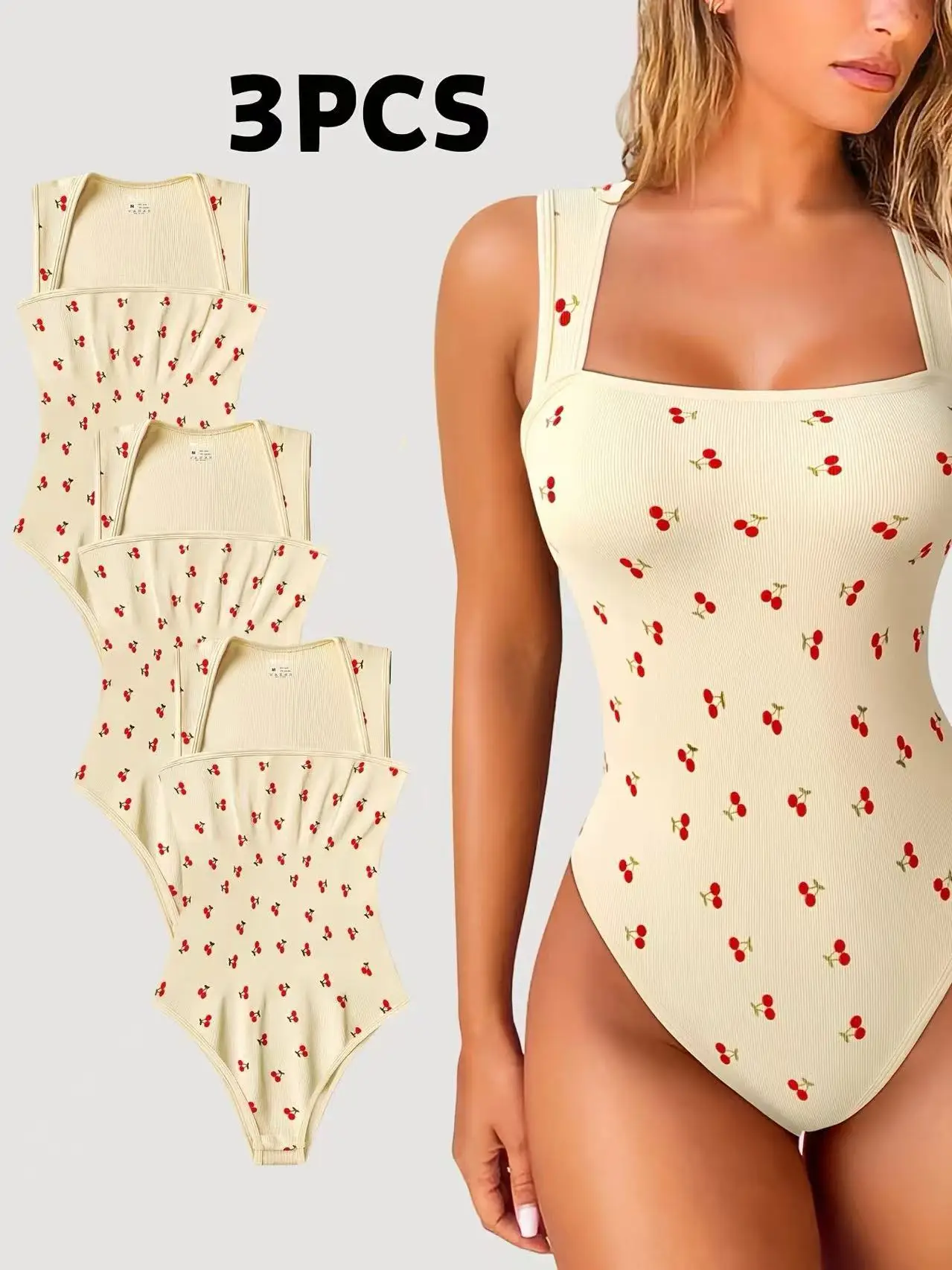 3 عبوات من ملابس الصيف النسائية الجديدة بدلة قفز مطبوعة بالكرز الأزرق للنساء أنيقة عتيقة #3