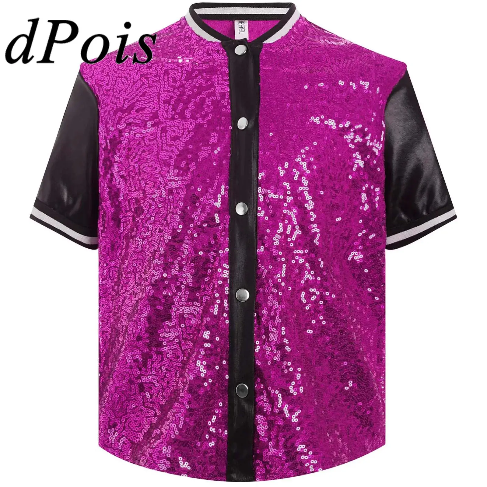 Children's Jazz Dance Costume Fashion Kids Girls Glittery Sequins Top Color Block Hip-Hop Clothes Short Sleeve Button T-shirt