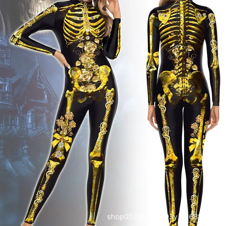 بدلة الهالوين التأثيرية زومبي هيكل عظمي مخيف مطبوعة بدلة Zenti المرنة للحفلات بدلة Zenti للنساء يوم الموتى