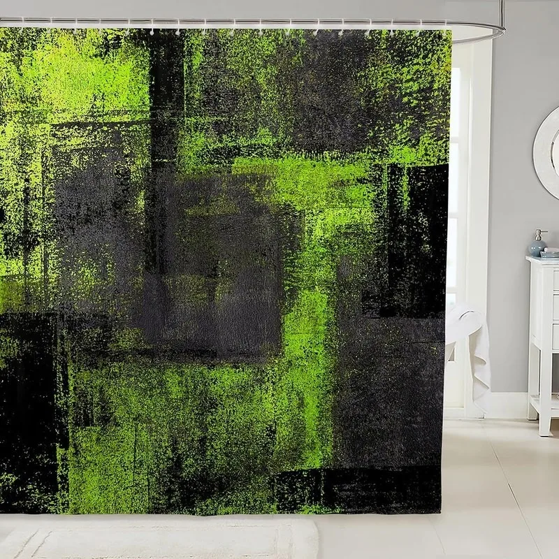 Black Green Abstract Oil Painting Textured Print Shower Curtain No Drill Bathroom Decor Waterproof Fabric Curtain with
