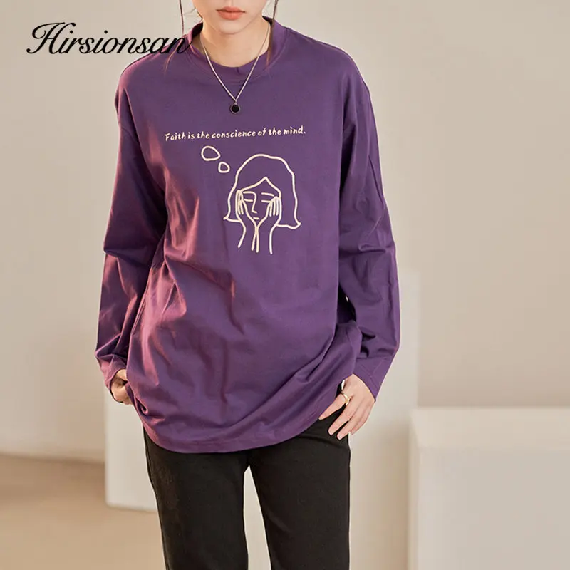 Hirsionsan Abstract Character Printed O-neck T-shirt Autumn Loose Basic Long Sleeve Pullover Female Student Leisure Retro Jumper