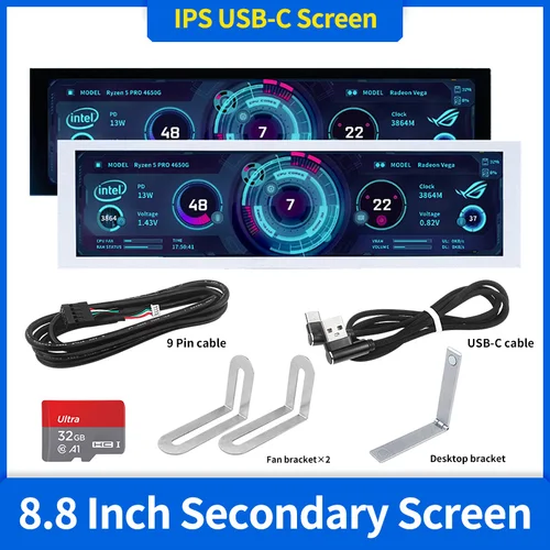 Pantalla secundaria IPS USB de 8,8 pulgadas, interfaz de PH tipo C, pantalla inteligente giratoria, CPU, GPU, RAM, Monitor de ordenador, utiliza Software TURZX