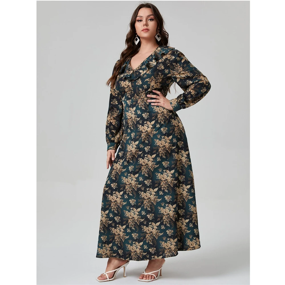 

Plus Size 4XL Kaftan Muslim Women Floral Print Maxi Dress Dubai Abaya Turkey Robe Islamic Clothing Arabic Robe Caftan Jalabiya