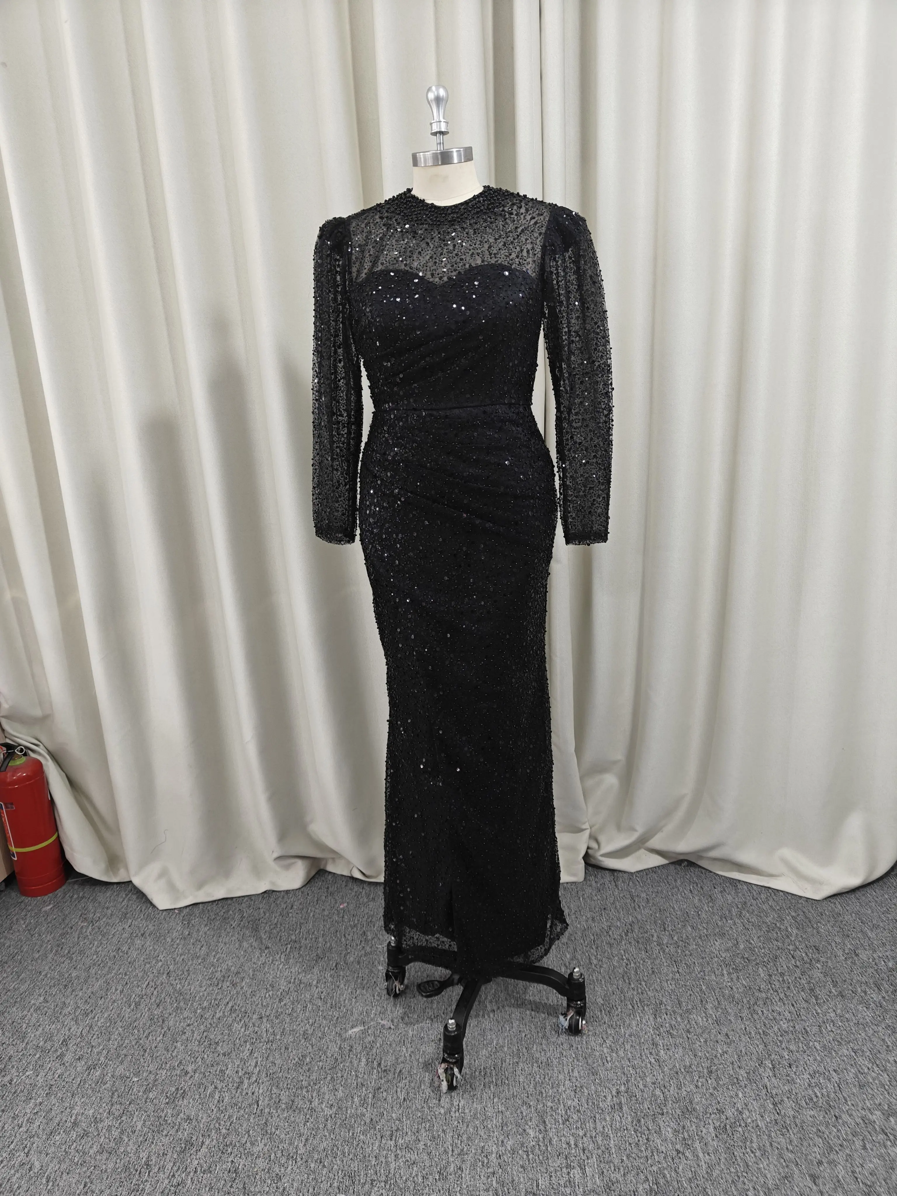 Customized Sparkly Stylish Long Sleeve Beads Sequins Prom Dresses High Illusion Evening Gown Pleat Banquet Dress платья на торже