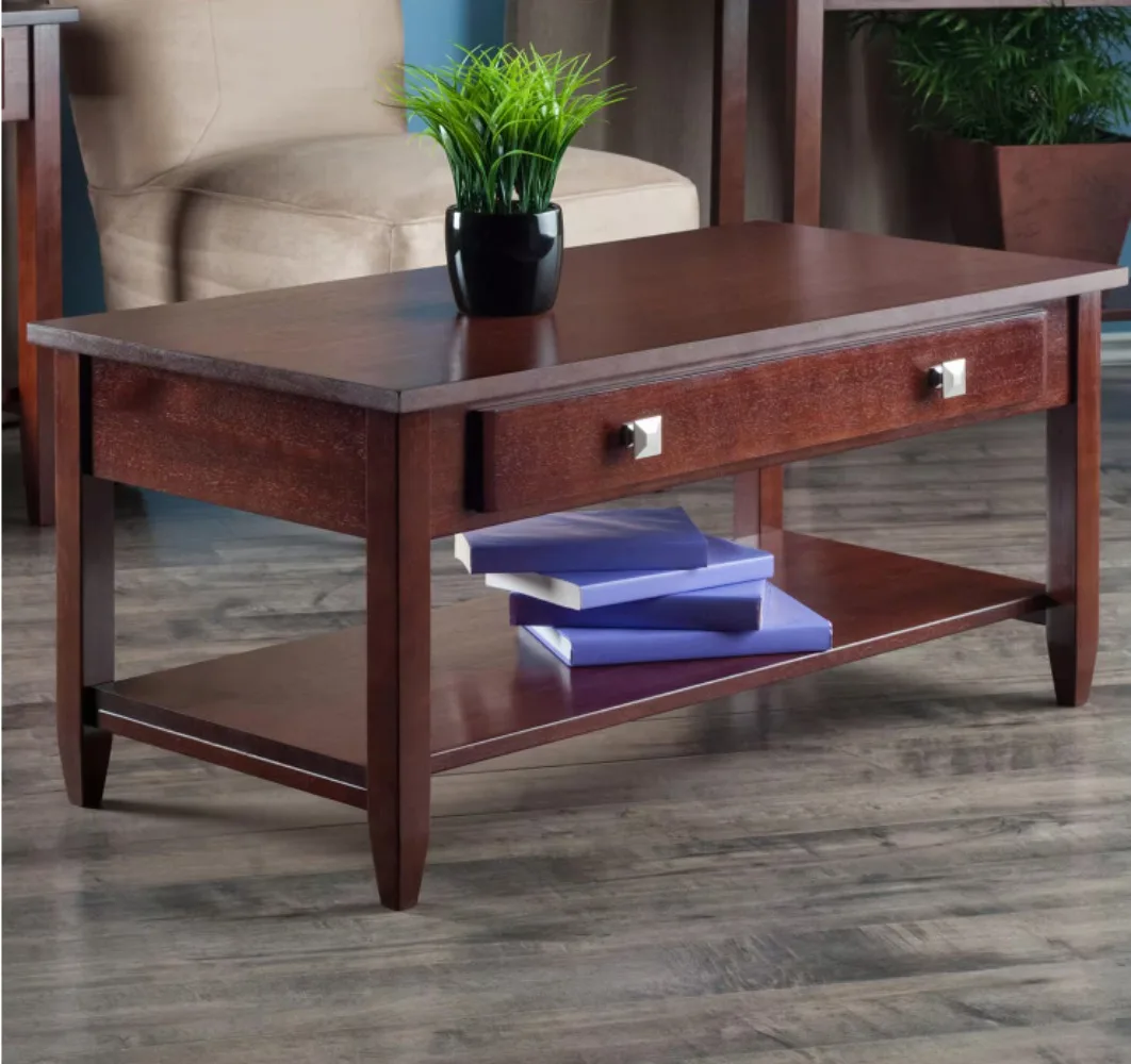 

d40 дюймов. По требуется прямоугольный журнальный столик из дерева орехового дерева с выдвижными ящиками в сборе