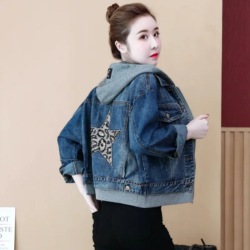 Hooded Denim Jacket Fashion Spring Autumn Women Short Jean Coats Loose Casual Long Sleeve Tops Zippers Sequins Female Outerwear