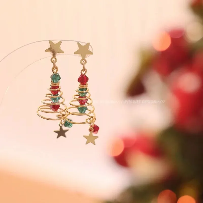 Original Star Rotating Earrings Christmas Tree Asymmetric Stud Long Mosquito Coil Clip No Piercing Women Jewelry Gift Box Set