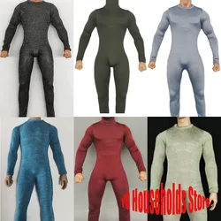 1/6 Men Solider Black Muscular Body Tight Elastic Bodysuit Round Neck Long Sleeves Even Feet Jumpsuits Fit 12