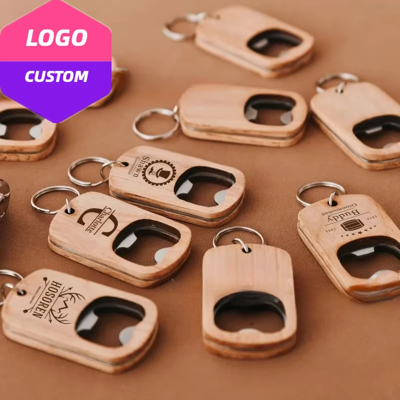 

Laser Engrave Logo Bag Beers Bottle Opener Key Chain Custom Name Wooden Keychain for WeddingVintage Personalize Wood Keyring