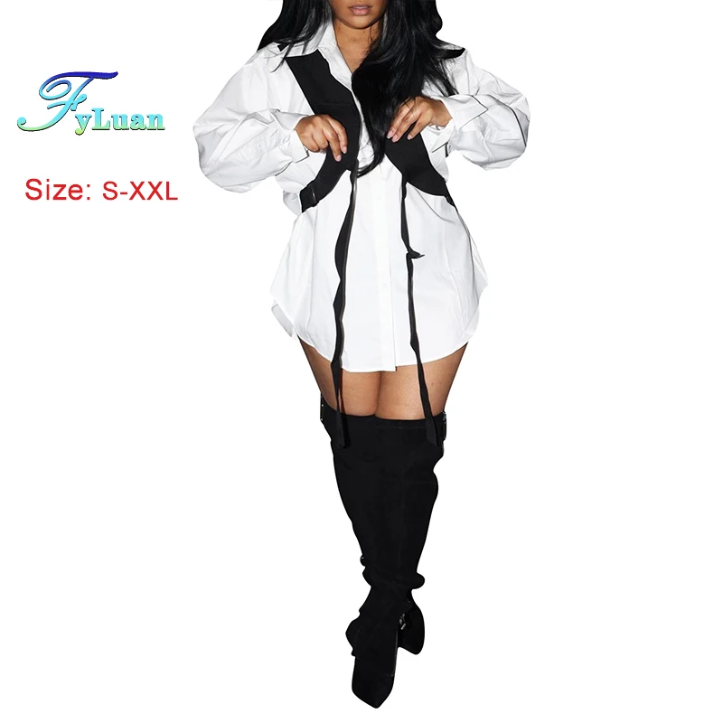 

2025 Fashion Women's Long Style Shirt One-Piece Fake Vests Long Sleeve One-Breasted Female T-Shirt Dress Daily Street Casual Top