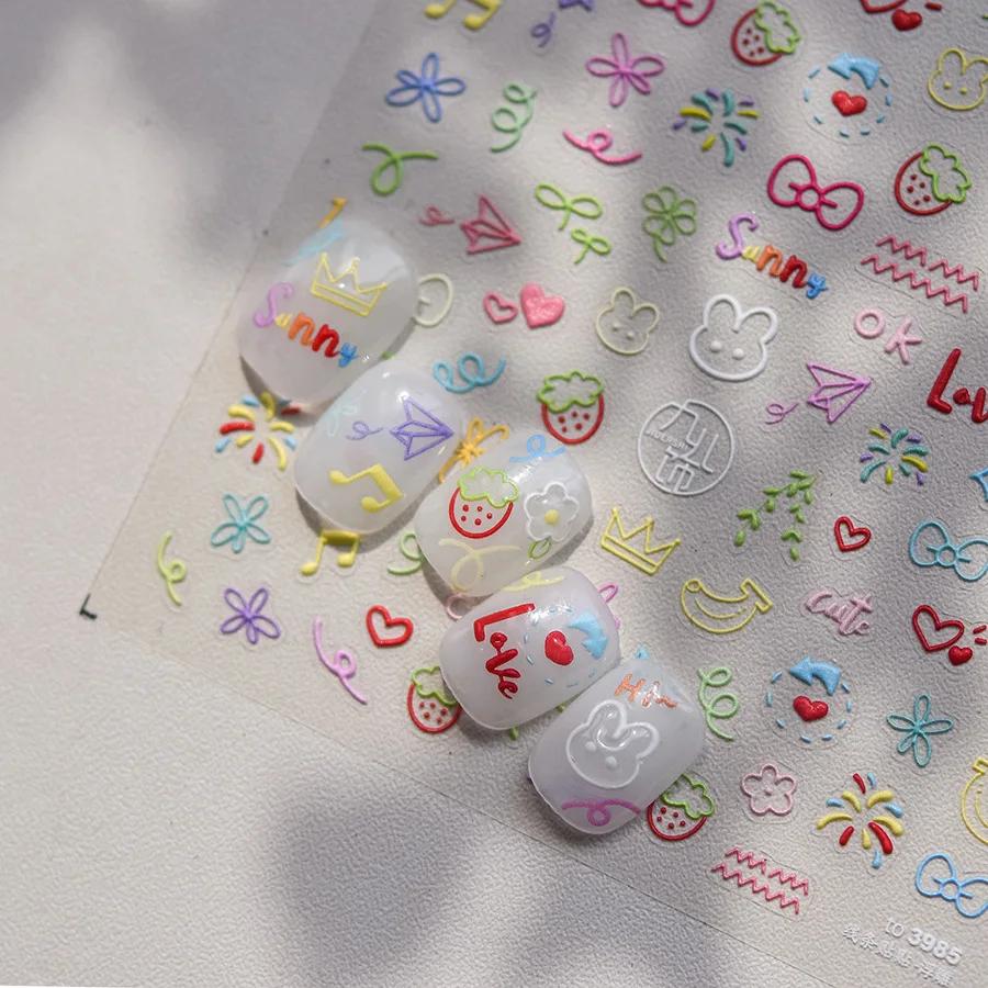 1pc 5D Relief Graffiti Cartoon Nail Stickers Cloud Bowknot Bunny Nail Art Decal Design Manicure Tool Decoration